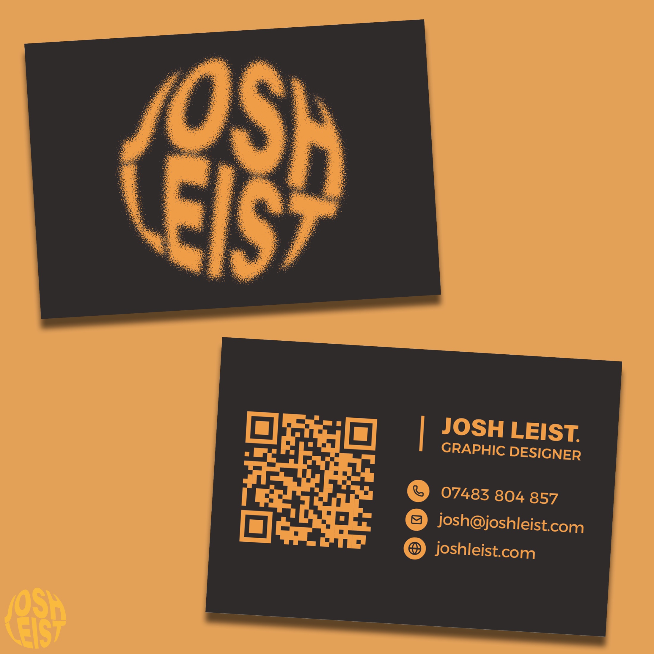 Josh Leist business card front and back mockups on an orange background